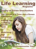 Life Learning magazine cover with young woman reading in prone position on grass